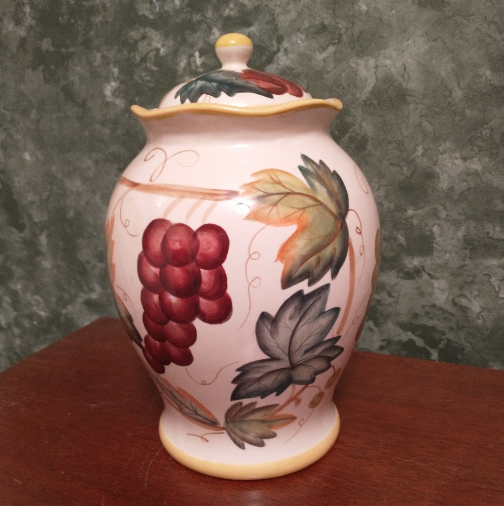 Tuscan Style Hand Painted Canister Cookie Jar Harvest Leaves Fruit 12” Tall EUC